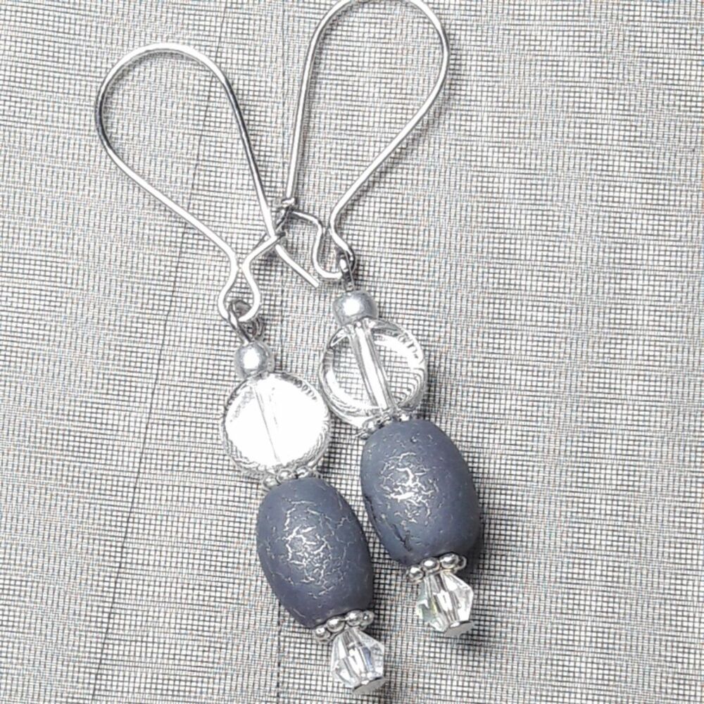 Cute Quirky Gray Glass dangle SemiHoops earrings Silver earrings Romantic 474■